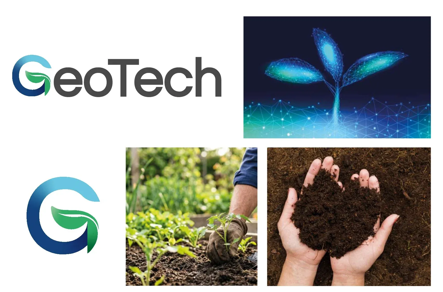 Logo GeoTech con G blu e foglia verde, immagine di una pianta digitale e foto di terreno coltivato e mani che reggono la terra