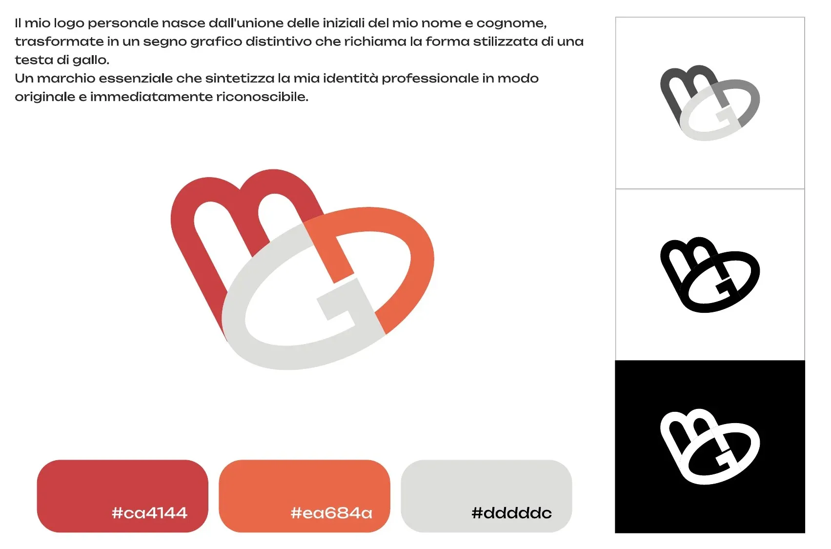 Logo personale di Matteo Del Gallo con le iniziali M, D e G in rosso, arancione e grigio, con versioni in grigio, nero e negativo