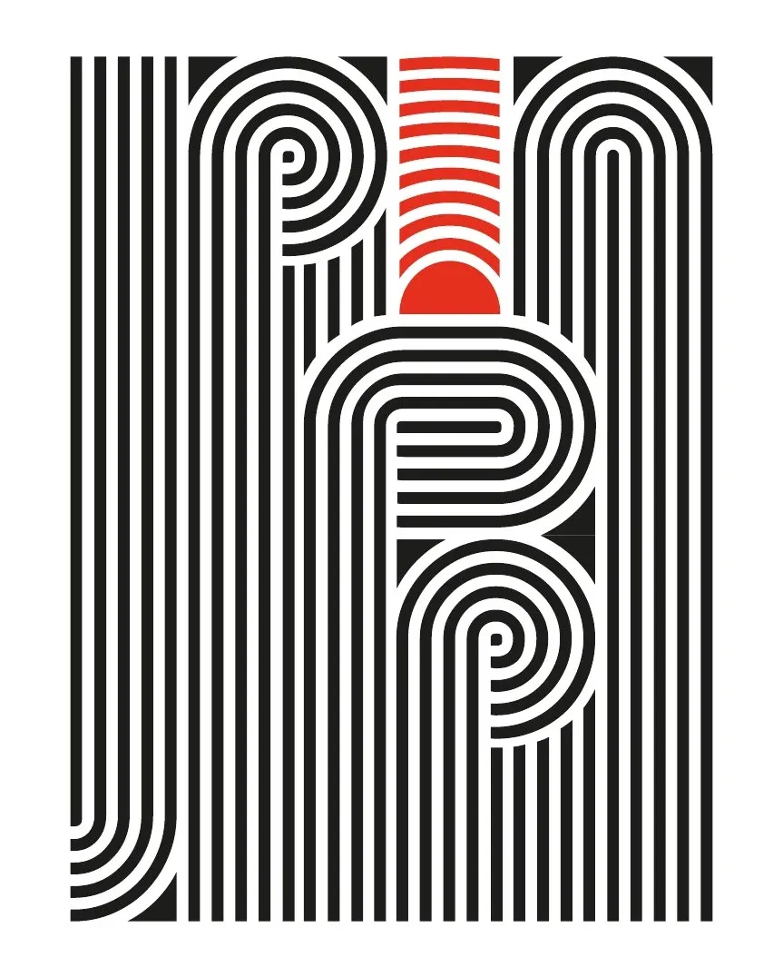 Poster tipografico minimalista con linee nere modulari su fondo bianco e sole rosso