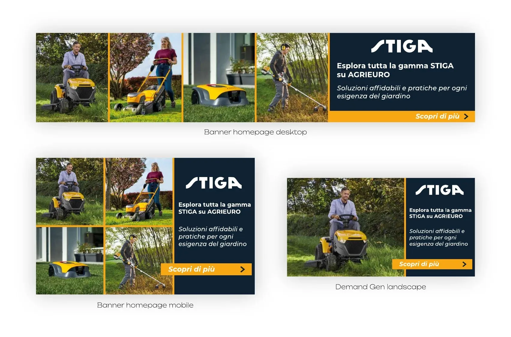 Banner STIGA desktop, mobile e Demand Gen con griglia di foto di attrezzi da giardino, bordi gialli e pannello blu notte